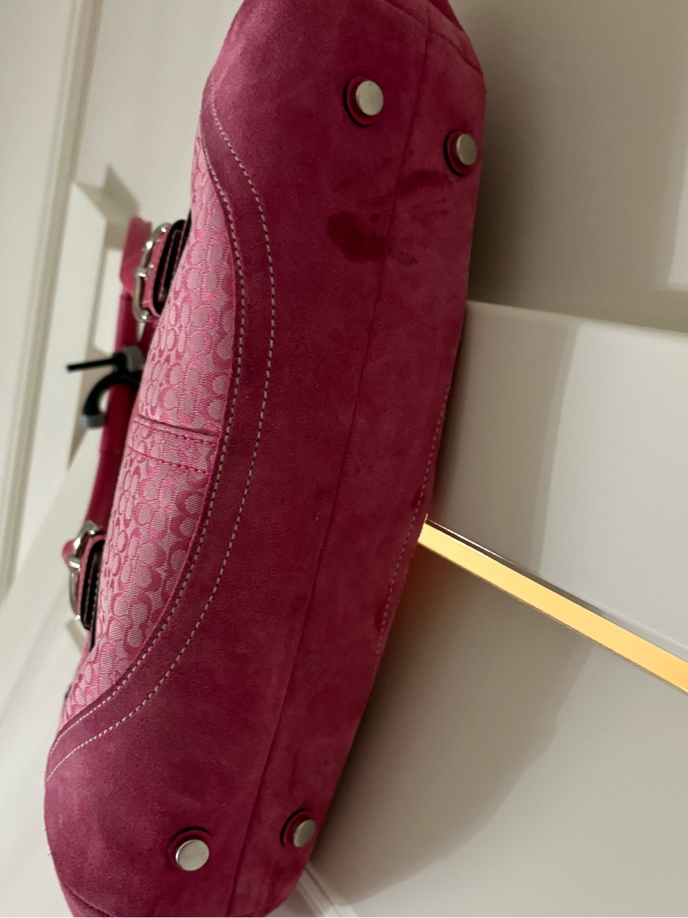 Coach Soho Y2K Flap Satchel, featuring pink signature jacquard canvas and suede - Picture 3 of 4